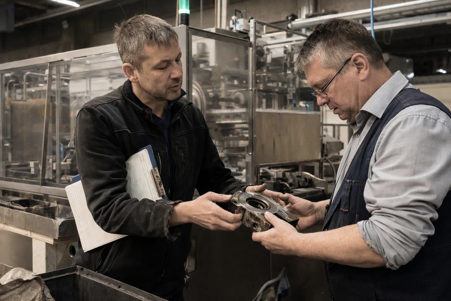 Servicetechniker reicht dem Instandhaltungsleiter eines Kunden in der Abendschicht ein ausgebautes, verschlissenes Lagergehäuse, hinter ihnen eine Verpackungsmaschine mit grüner Statusleuchte