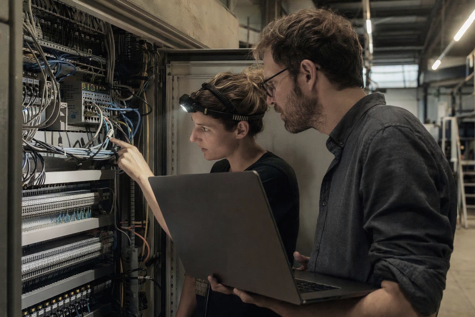 Controls technician with a head torch tracing a network cable in a control cabinet patch panel, an IT manager with a laptop on his arm beside her, evening shift in the hall