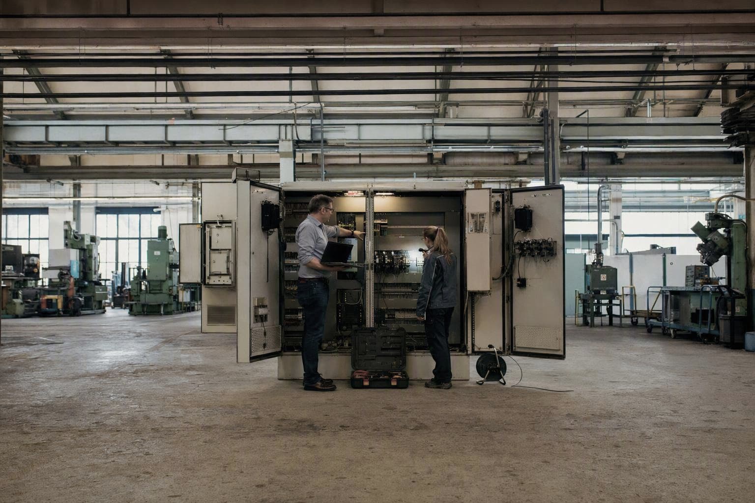 IT-Leiter mit Laptop und Steuerungstechnikerin mit Taschenlampe vor dem geöffneten Schaltschrank einer Industrieanlage in einer Werkhalle