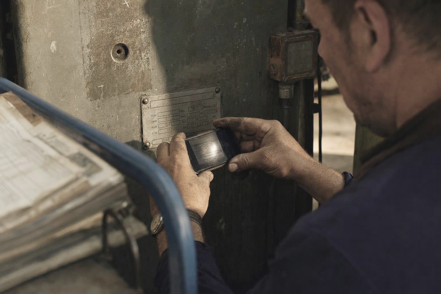 Oil-stained hands of a fitter holding a smartphone up to the type plate of an industrial machine, a binder on a trolley in the foreground