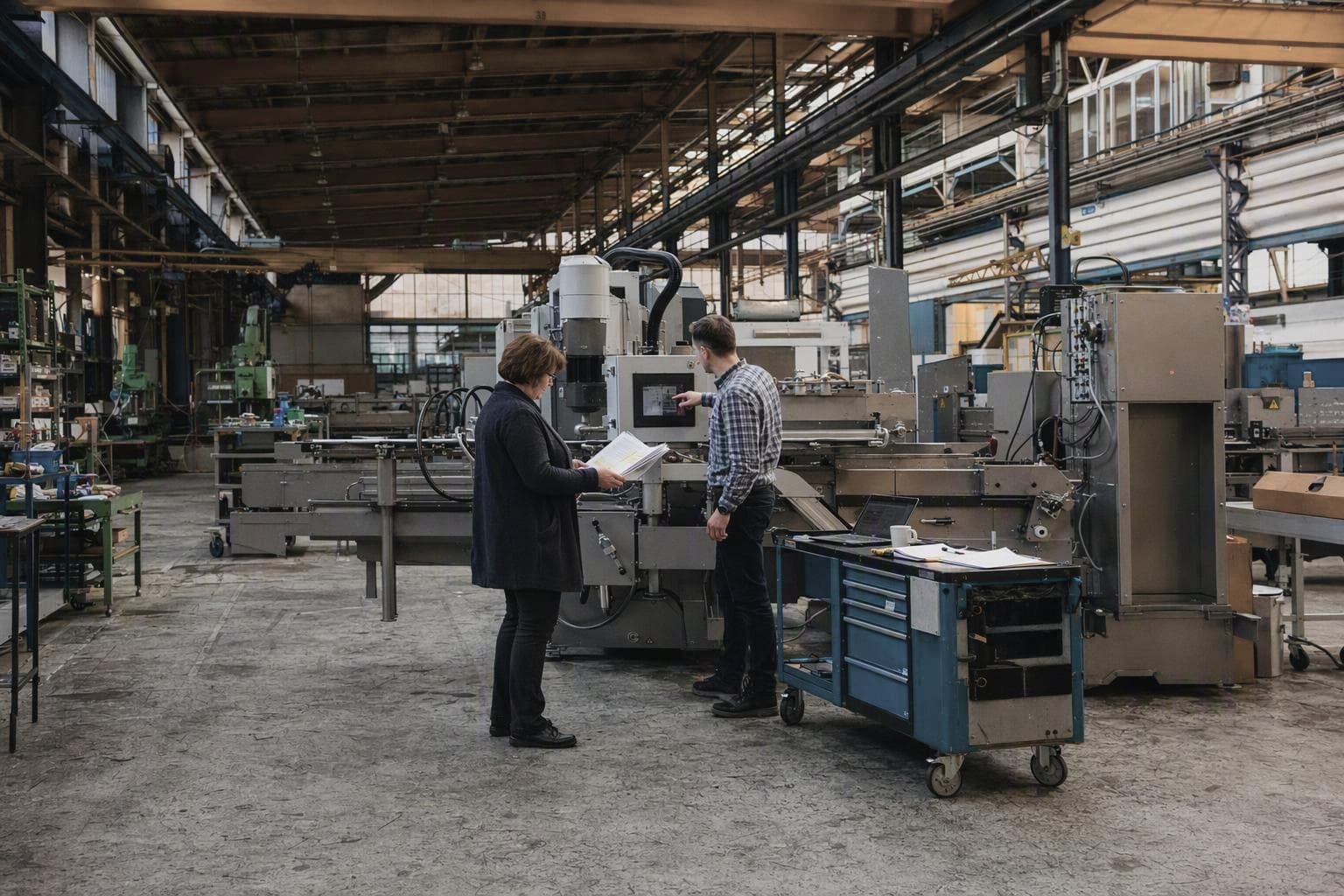Geschäftsführerin mit markiertem Papierdokument und IT-Leiter am Bedienpanel einer Industriemaschine in einer Montagehalle