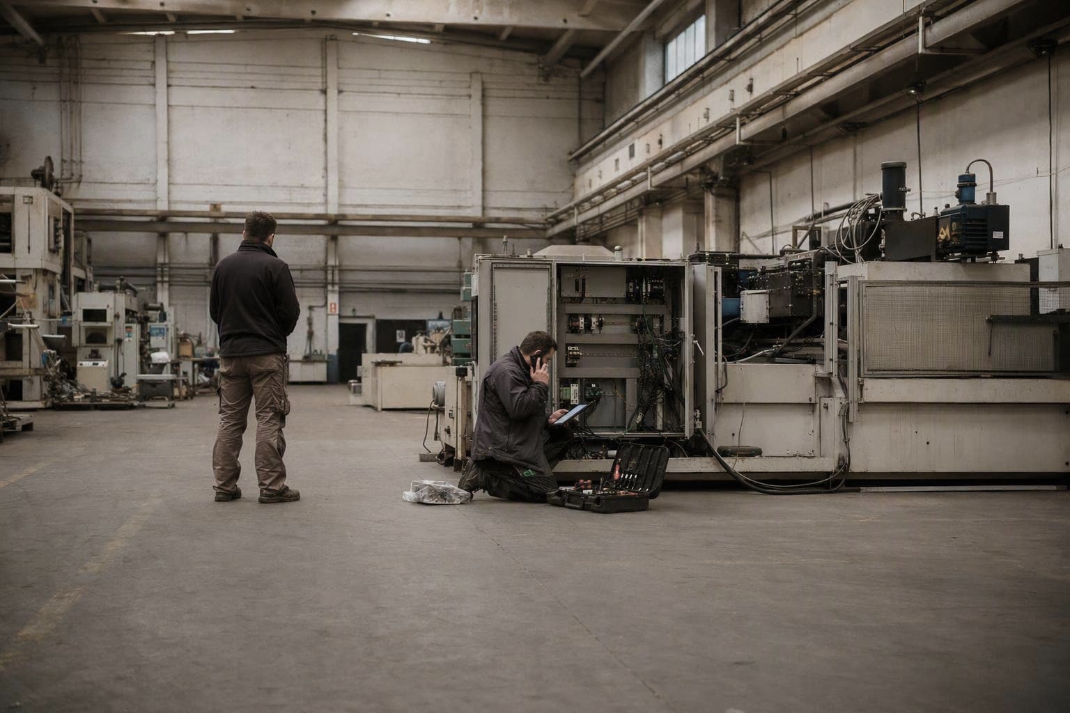 Servicetechniker kniet mit Tablet und Telefon vor dem geöffneten Schaltschrank einer stillstehenden Industriemaschine in einer Produktionshalle