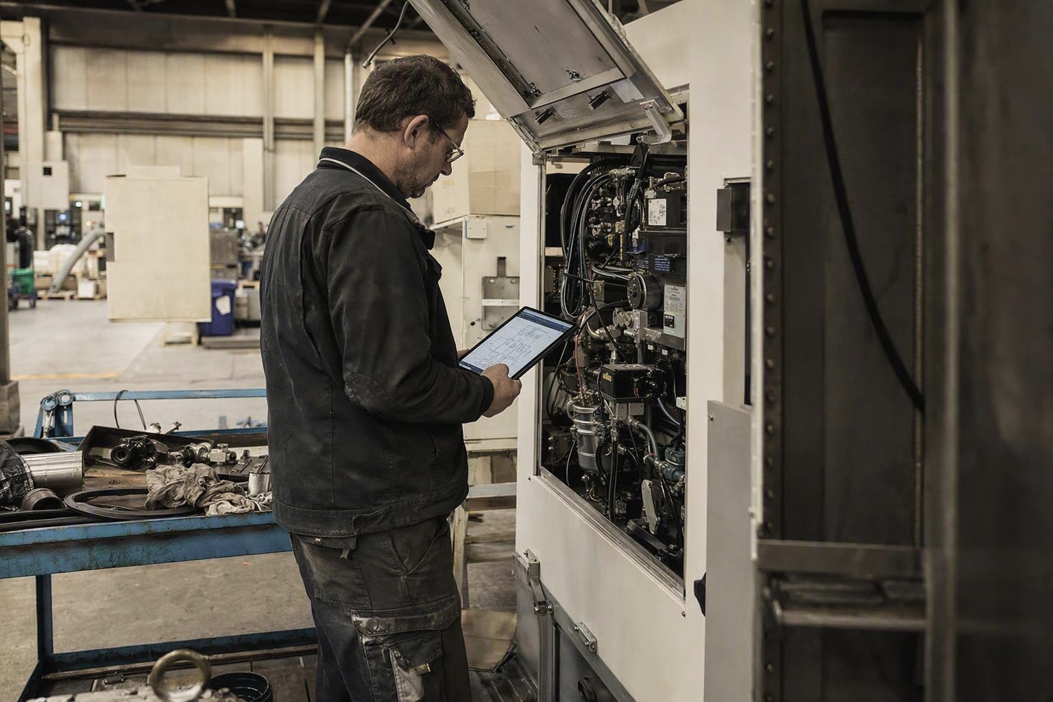 Servicetechniker steht mit Tablet am geöffneten Schaltschrank einer Industrieanlage in einer Werkhalle