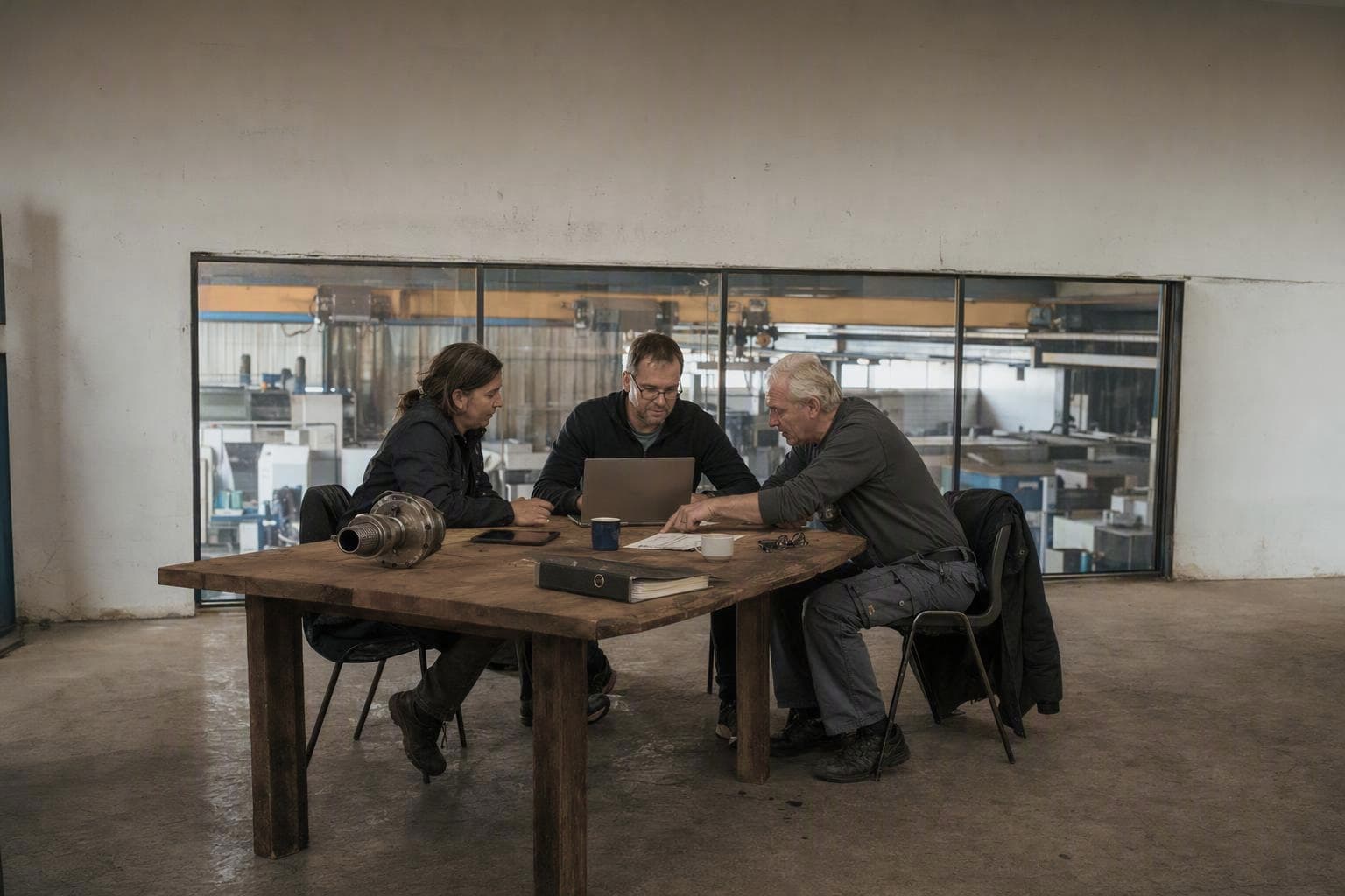 Serviceleiterin, IT-Leiter und Servicetechniker sitzen an einem Holztisch neben der Werkhalle und gehen gemeinsam eine ausgedruckte Liste durch