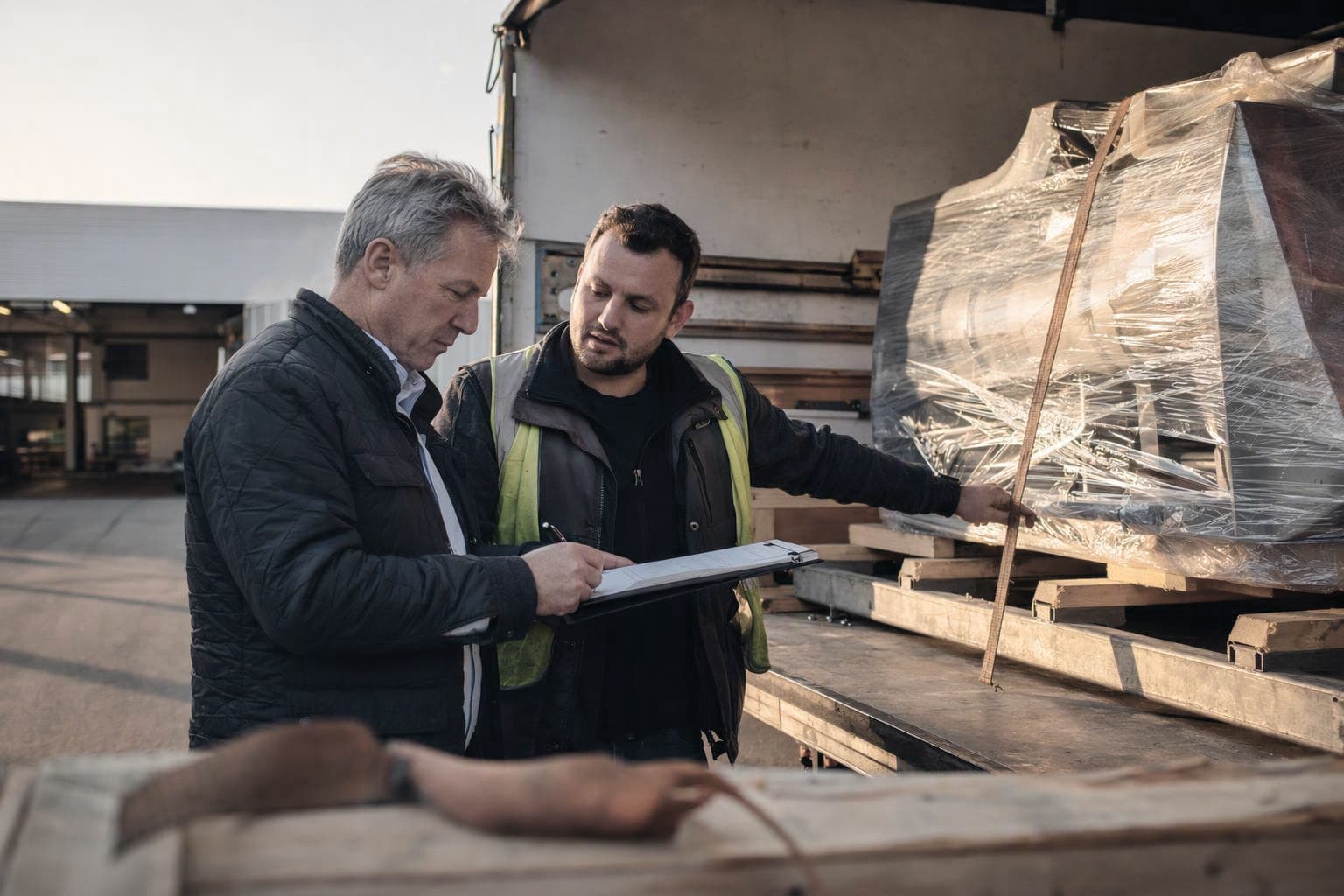 Managing director signing the delivery papers for a wrapped machine at the tail lift of a truck in the dispatch yard, a dispatch worker in a high-visibility vest holding the clipboard and explaining something