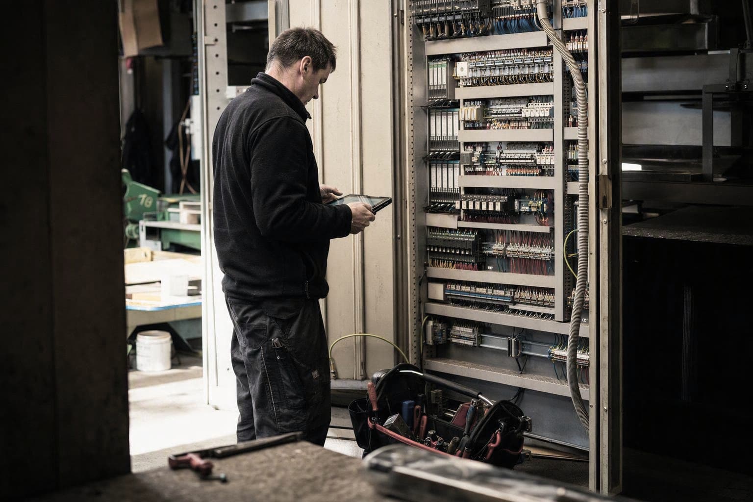 Techniker mit Tablet vor einer offenen Schaltanlage