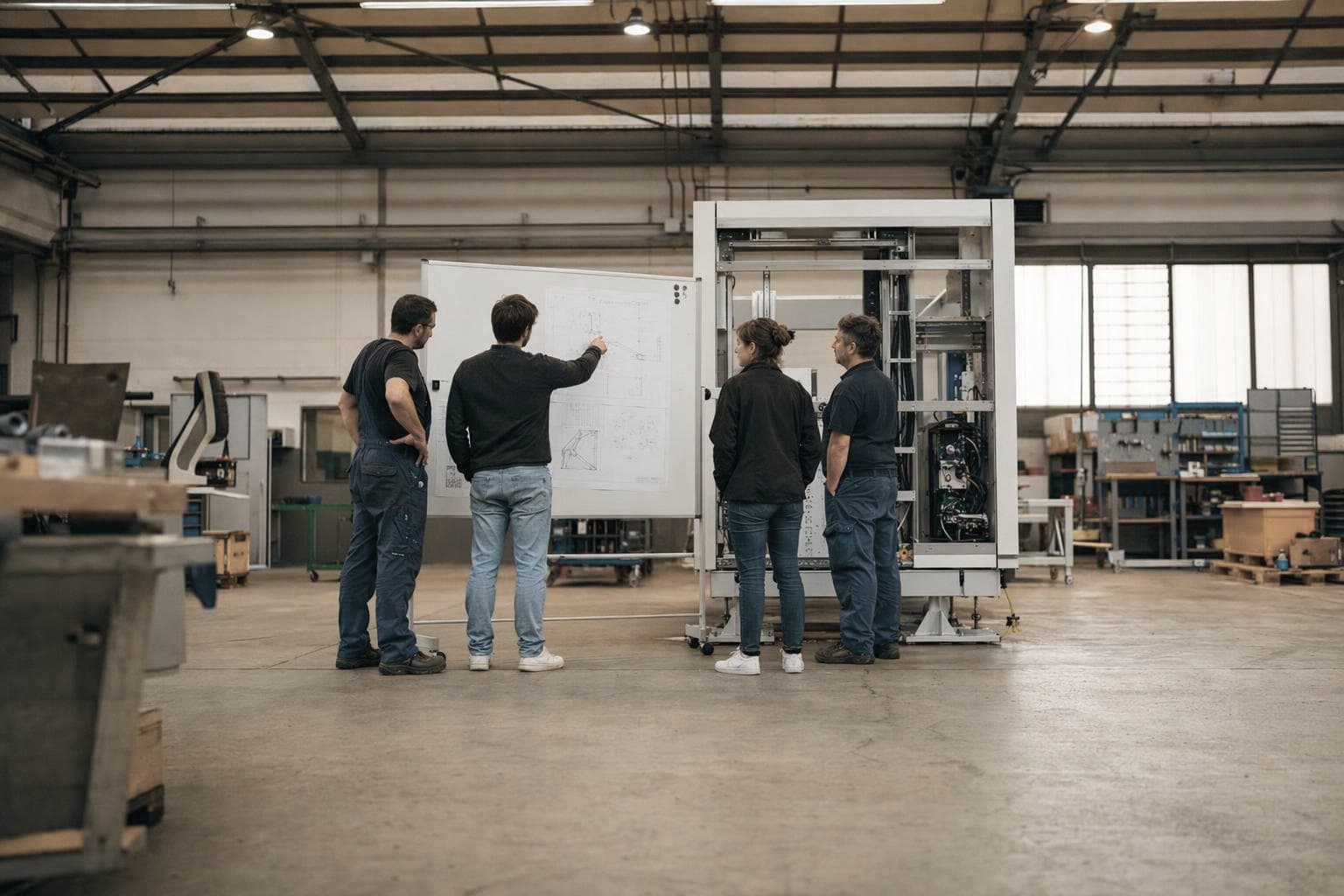 Vier Kollegen besprechen eine technische Zeichnung am Whiteboard neben einer Maschine in der Montagehalle